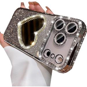 Glitter Mirror Case for iPhone 17 Pro Max,Cute Luxury Diamond Heart Makeup Mirror Bling Sparkly Rhinestones with Camera Protector TPU Bumper Women Girls Case for iPhone 17 Pro Max 6.9",Silver