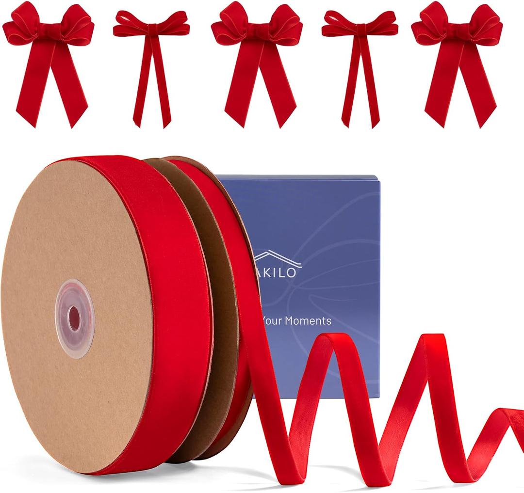 Red Velvet Ribbon 30 Yd, FAKILO Ribbon Red Velvet Perfect for Christmas Tree, Wreath, Gift Wrapping, Bows, Flower Bouquet, Wedding Home Decor, 2 Size (1 Inch and 3/8 Inch)
