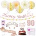 3 x 90th Birthday Decorations Set for Women - Queen Crown, Sash, Card, Cake Topper & Candles, Rose Gold Happy Banner with Paper Honeycomb, Poms Fan, Streamers, Gift Kit – 90 & Loved Birthday Party