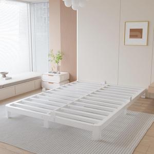 4 Inch White Low Bed Frame Queen, Metal Bed with Mattress Stoppers