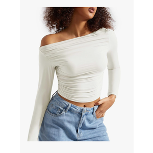 Women Off Shoulder Long Sleeve Shirts Double Lined Fitted Crop Tops M