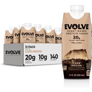 Evolve Plant Based Protein Shake, Caf Mocha, 20g Vegan Protein, Dairy Free, No Artificial Sweeteners, Non-GMO, 10g Fiber, 11oz, (12 Pack) (Formula May Vary), BB: 07/05/2025