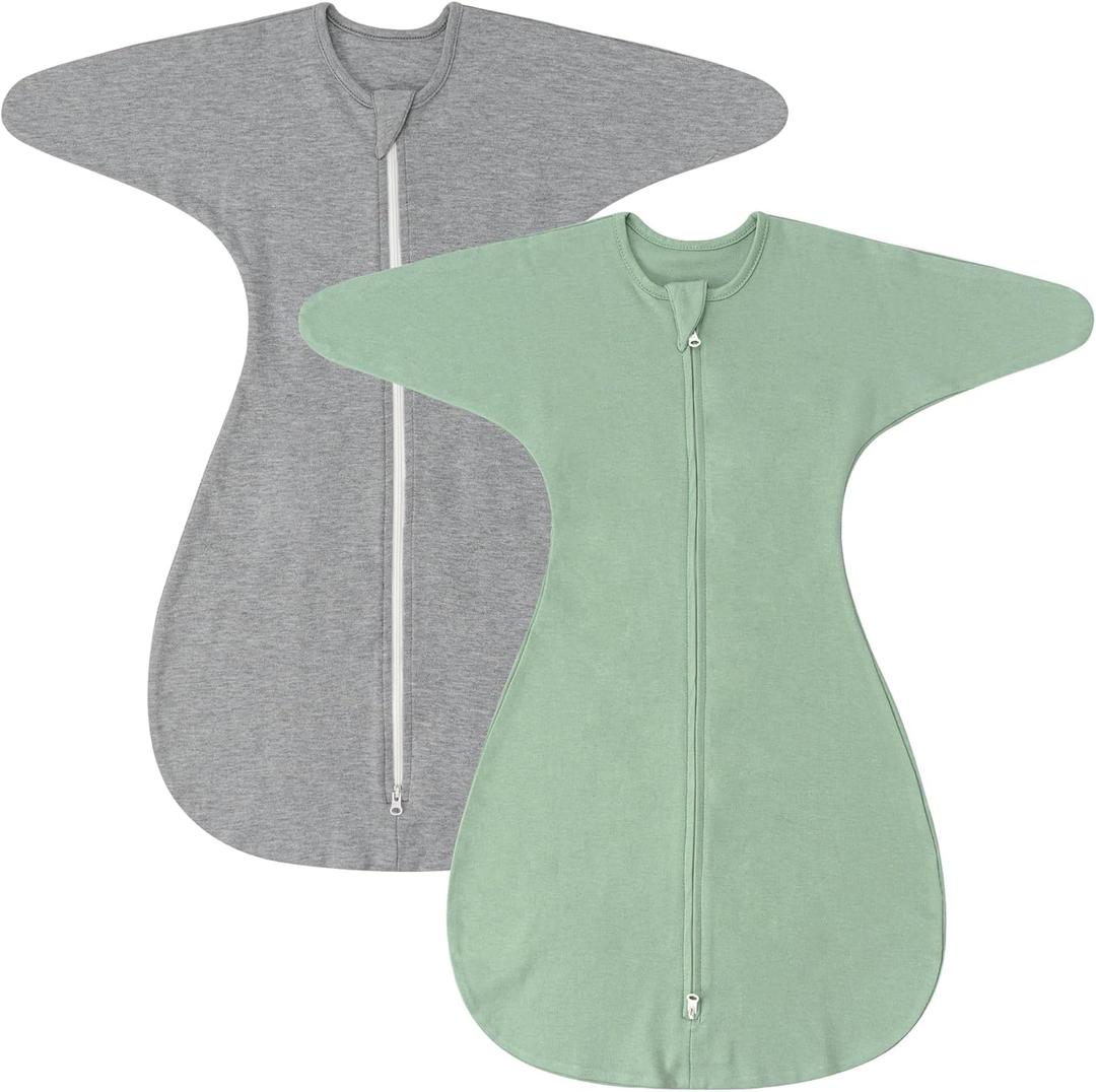 ZIGJOY Shark-Fin Transition Swaddle - 1.0 Tog Baby Sleep Sack Soft Cotton Transitional Swaddle Baby Wearable Blanket (6-12 Months, 2 Pack-green&grey)