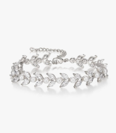 Crysdue Cubic Zirconia Simulated Pearl Bridal Wedding Leaf Filigree Tennis Bracelet for Brides Bridesmaid Birthday Mothers Christmas Valentines Day Jewelry Gifts for Women