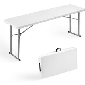 Byliable Folding Table 6FT Narrow Portable Foldable Plastic Heavy Duty Long Table, Fold-in-Half with Carrying Handle for Indoor Outdoor Meeting, Buffet, Party, Wedding, Home Work, 6 Foot, White
