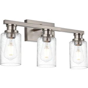 Bathroom Lighting Fixture in Brushed Nickel Finish,3 Light Wall Mounted Light with Seeded Glass Shade Indoor Metal Base Vanity Lights for Porch Workshop