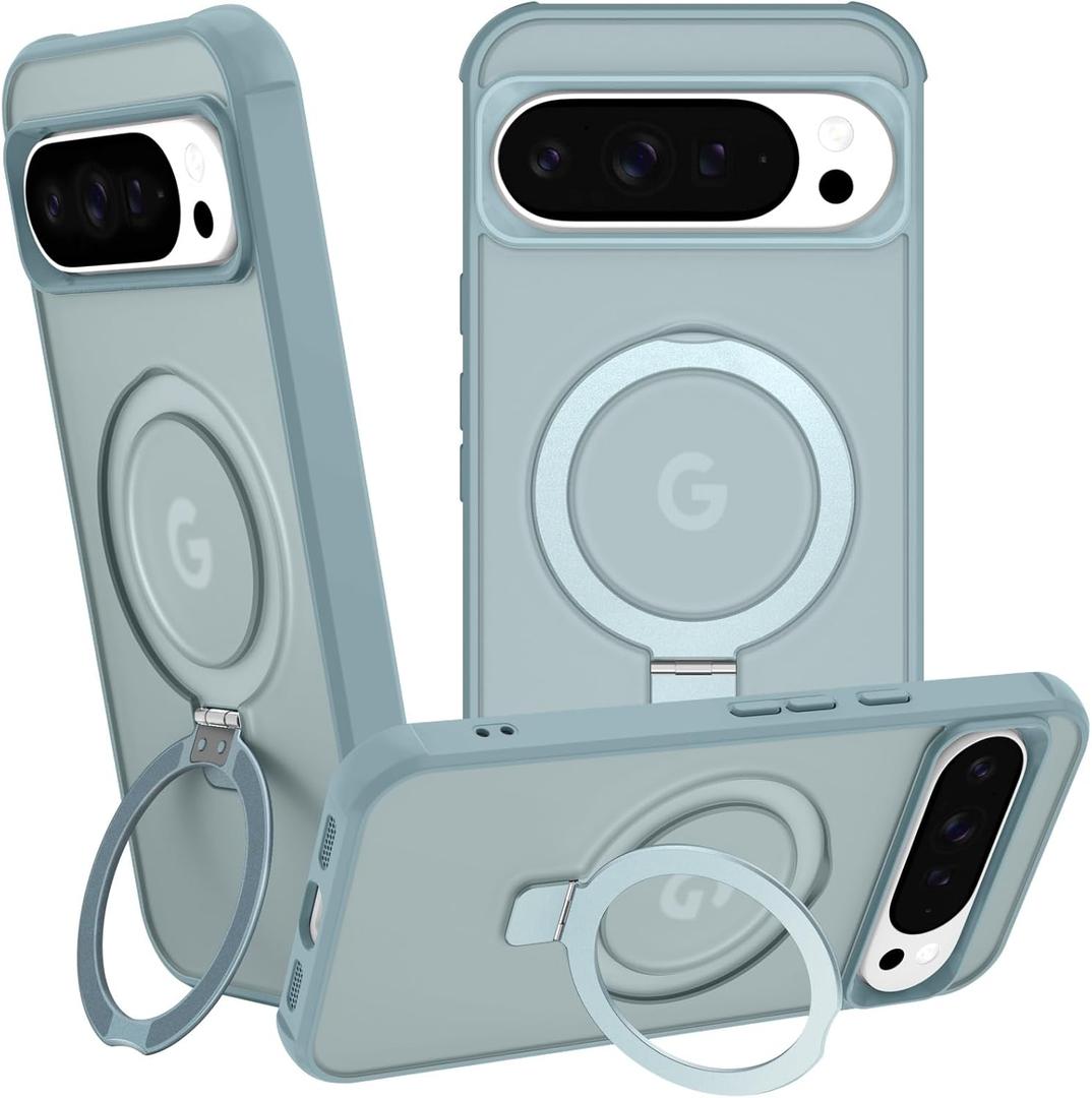 Magnetic Compatible with Google Pixel 10 & Pixel 10 Pro Case with Stand [Military Grade Drop Tested][Compatible with Magnet] Ring Translucent Slim Hard Back Soft Edge, Teal Green