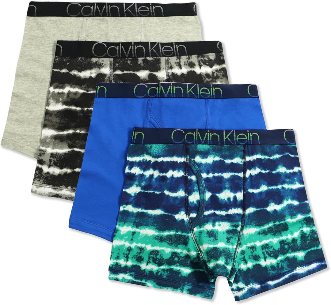 Calvin Klein Boys' Underwear Four Pack Boxer Brief Value Pack (Large, Cool Tiedye/Victoria Blue/Black Tiedye/Heather Grey)