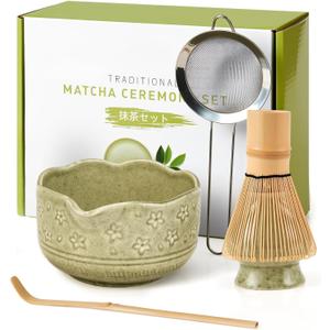 5Pcs Matcha Whisk Set, 18OZ Bowl With Spout, Japanese Ceremony Matcha Whisks Kit, 100% Natural Bamboo Whisk, Ceramic Whisk Holder (Green), Stainless Sifter, Tea Scoop, Gift for Matcha Lovers Beginner