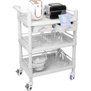 Beauty Trolley Cart with Wheels, Esthetician Cart with Handrail, Bucket and 2 Big Drawer, 3 Tier Heavy Duty Vacuum Therapy Machine Trolley, Load 330lbs, 360 Rotate Silent Wheels