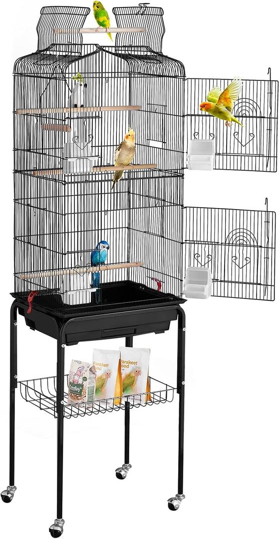 VEVOR 64-inch Open Top Large Parrot Bird Cage with Detachable Rolling Stand for Parakeets Finches Canaries Lovebirds Cockatiels Budgies Small Quaker Conures Flight Birdcage with Swing and Perch