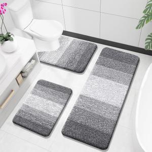 OLANLY Bathroom Rugs Sets 3 Piece, Soft Absorbent Microfiber Bath Mats and U-Shaped Contour Toilet Rug, Plush Shaggy Bath Mat Set for Bathroom (47"x20"+24"x16"+24"x20", Grey)