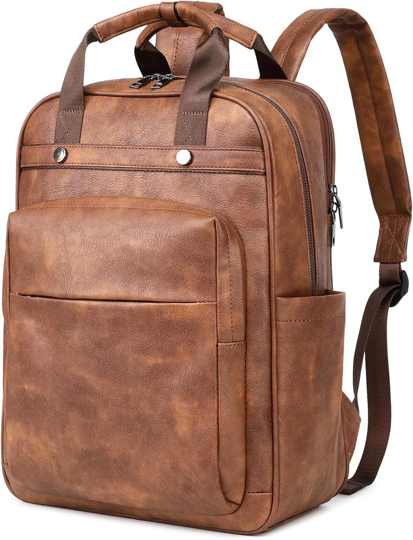 PU Leather Laptop Backpack Women for Travel | 17 Inch Laptop Bag for Women - Large Capacity Teacher Nurse Computer Bag for Work College School (Brown)