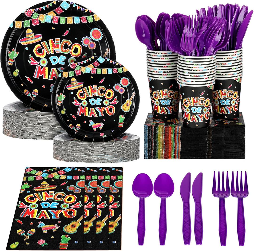 Pickmesh 350 Pieces Mexican Themed Fiesta Dinnerware Set for 50 Guests Cinco De Mayo Table Decorations Supplies Including Paper Dessert Plates Napkins Cup Plastic Forks Spoons Knives (Stylish Style)