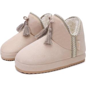 GPOS Womens House Knit Bootie Slippers Fuzzy Plush Lining Winter Ladies Warm Suede Fluff Slippers Lightweight Cozy Thick Memory Foam Comfortable Home Shoes Hard Bottom for Indoor Outdoor Size 5-11 (Beige)