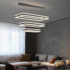Modern Chandelier, 3 Layer Rectangle Pendant Light Fixtures, 3000K-6500K Dimmable Kitchen Island Chandelier, Adjustable Height Ceiling Hanging Led Light for Dining Room, Living Room, Foyer (Black light up&down)