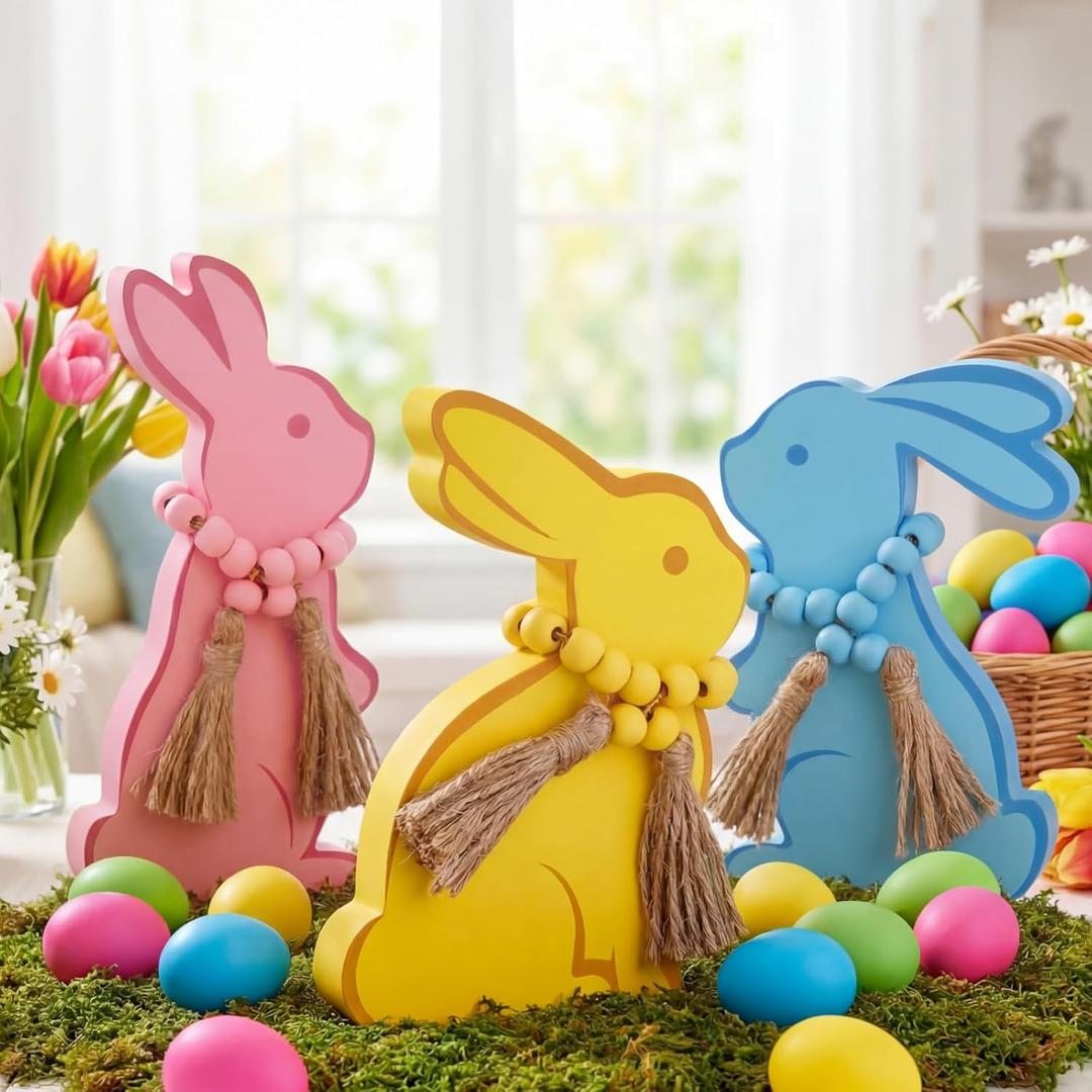 Yerliker 3 Pcs Large Easter Bunny Table Signs for The Home, Easter Bunny Wooden Table Centerpiece Signs with Wooden Beads, Decor, Country Farmhouse Style Decoration and Gift(Colorful)