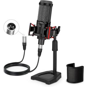 XLR Podcast Microphone Professional Cardioid Condenser Microphone for PC Computer Studio XLR Mic Kit for Recording/Podcasting/Streaming/Voice Over/ASMR/Home Studio/YouTube with Desktop Stand