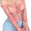 GORGLITTER Women's Floral Print Off Shoulder Tops Bell Long Sleeve Frill Trim Sheer Mesh T-Shirt Top Pink X-Large