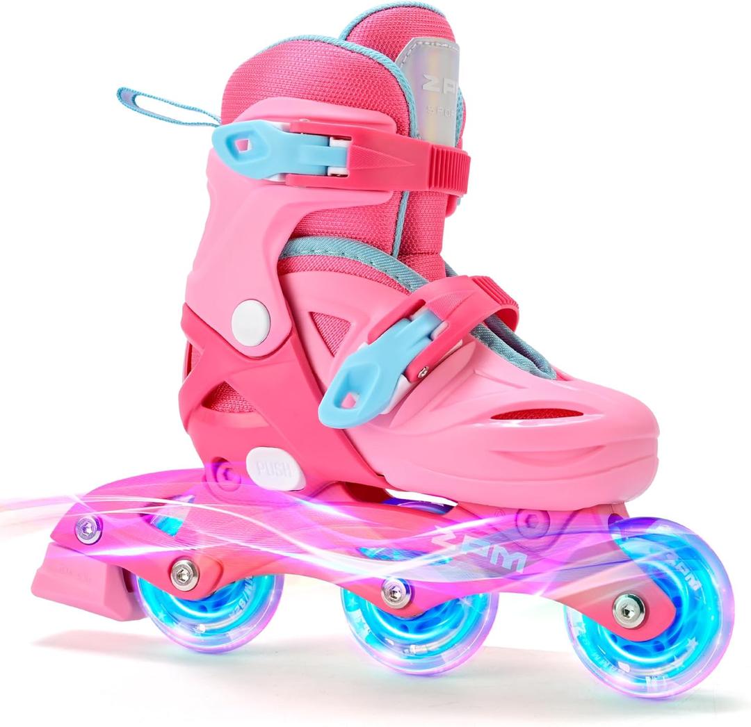 2PM SPORTS Inline Skates with Light Up Wheels, Roller Skates Blades for Boys Girls Kids Ages 5-8 8-12 4-6 6-12, Size Adjustable Beginner Blades Roller Skates for Youth Women Beginner Friendly (Small - Little Kid, Red)