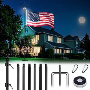 FIASON 9 FT Tangle Free Flag Pole in Ground with Solar Light & 5 Prongs Base, Thickened Heavy Duty Flag Pole Holder, Flagpole Kit for Residential or Commercial (1 Pack, Black, Without Flag)