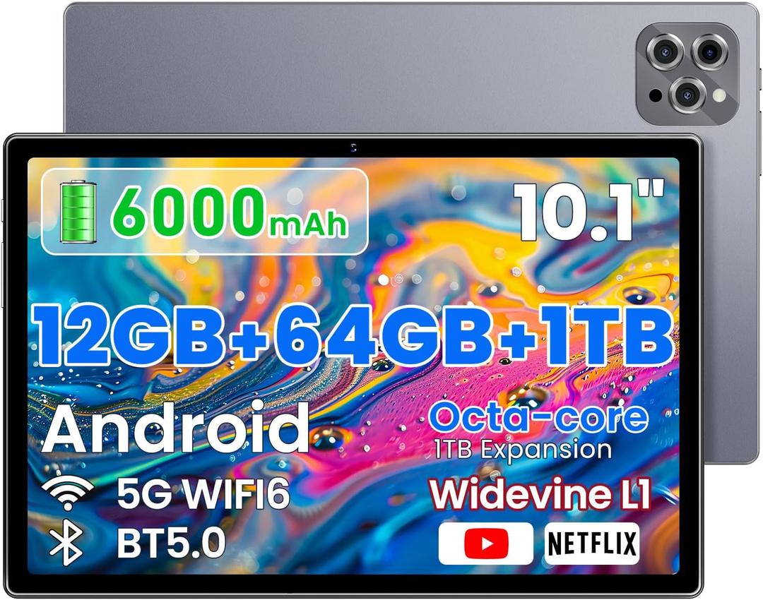 2026 Android Tablet 10.2 Inch, 6000mAh Long Battery Life. HD IPS Screen,12GB RAM 64GB ROM Expandable to 1TB, Dual Speakers, WiFi 6 - Budget-Friendly Tablet for Students, Family & Work (Gray)
