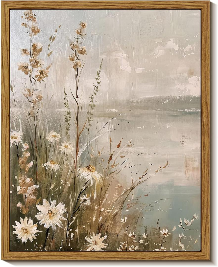 InSimSea Framed Canvas Wall Art Vintage Decor, Wildflowers Landscape Pictures Bathroom Wall Decor Aesthetic, Living Room Bedroom Flower Nature Home Decorations, 8"x10"