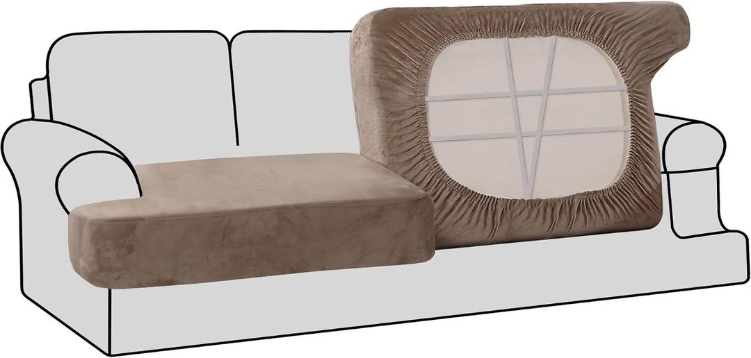 H.VERSAILTEX Stretch Velvet 2 Piece T Cushion Sofa Slipcovers - Individually Fitting Cushion Covers for 2 Cushion Couch - Stay in Place (Taupe)