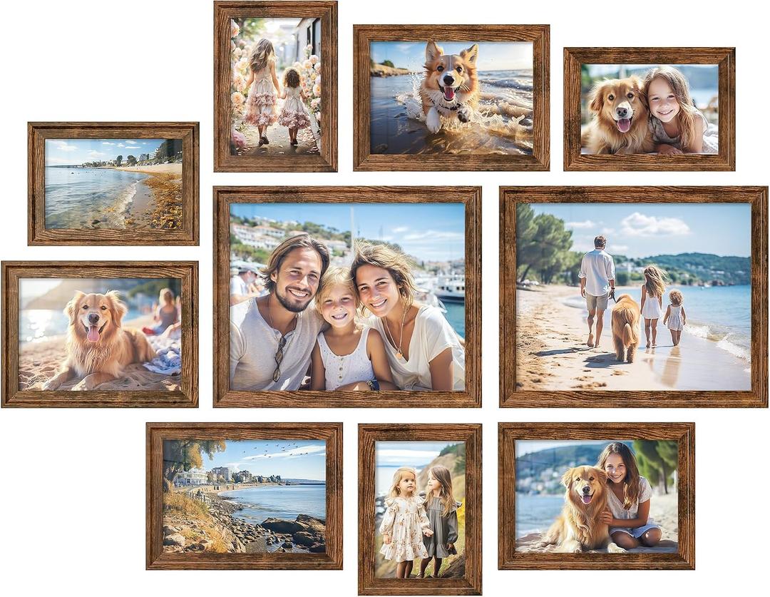 SONGMICS Picture Frames with 16 Mats, Set of 10 Collage Photo Frames, Two 8x10, Four 5x7, Four 4x6 Frames, Hanging or Table Display, Glass, 12 Non-Trace Nails, Rustic Brown URPF049X01, 8*10 2 pack + 5*7 4 pack + 4*6 4 pack