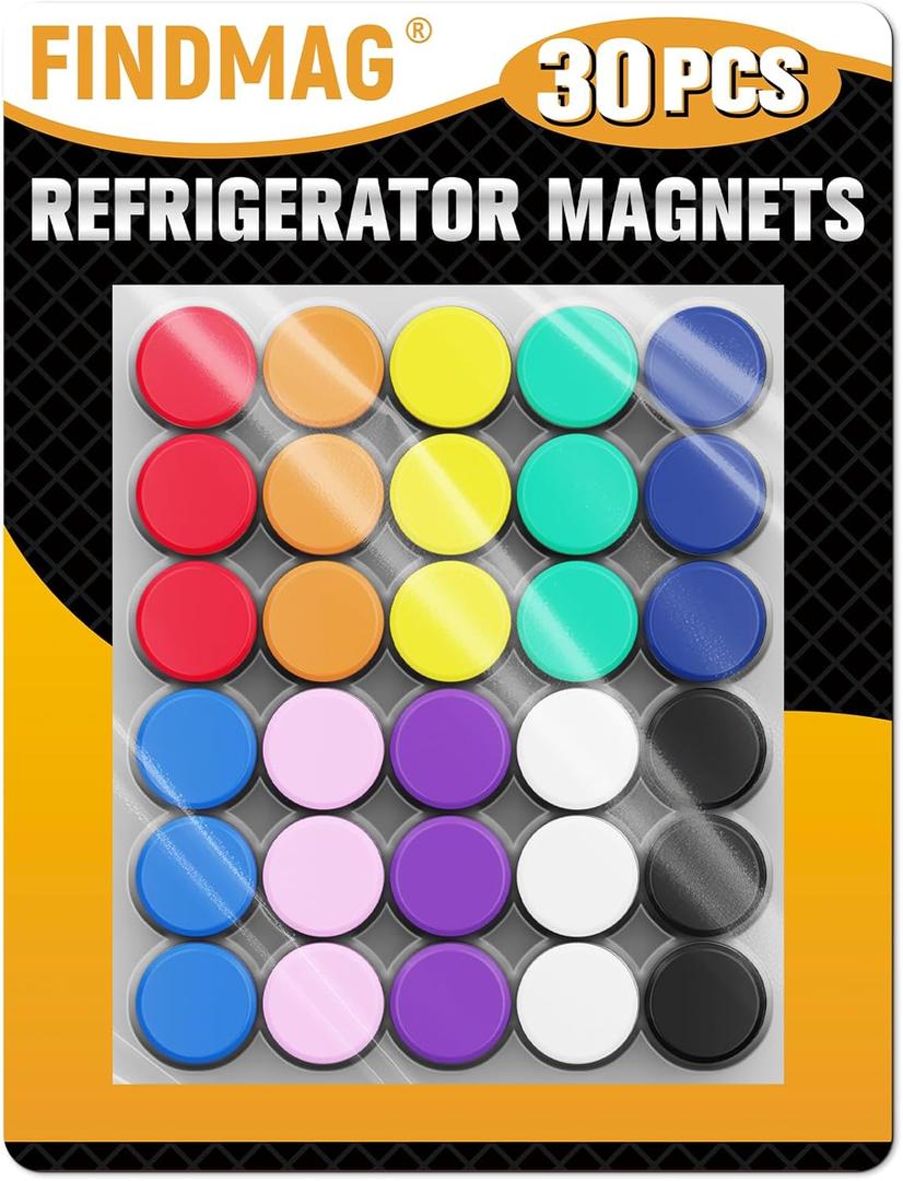 FINDMAG Colorful Fridge Magnets, 30 Pack Round Refrigerator Magnets, Dry Erase Board Magnets for Whiteboard, Decorative Magnets, Small Colorful Whiteboard Magnets, 10 Colors (30 Pack, Classic Style)