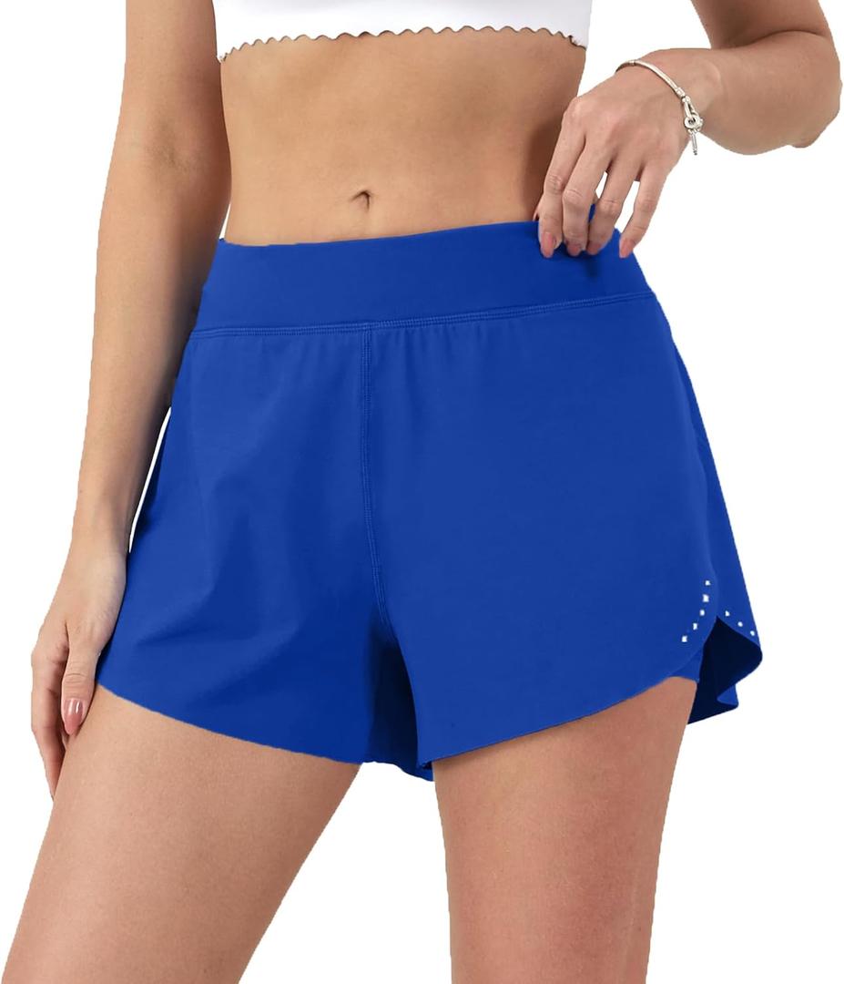 Aurefin Women's 2 in 1 Flowy Running Shorts High Waisted Athletic Shorts for Women Lightweight Workout Yoga Gym Shorts Blue, X-Small
