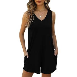 Women's Summer V Neck Tank Top Romper Sleeveless Loose Casual Shorts Jumpsuit Overalls with Pockets Outfits Clothes L