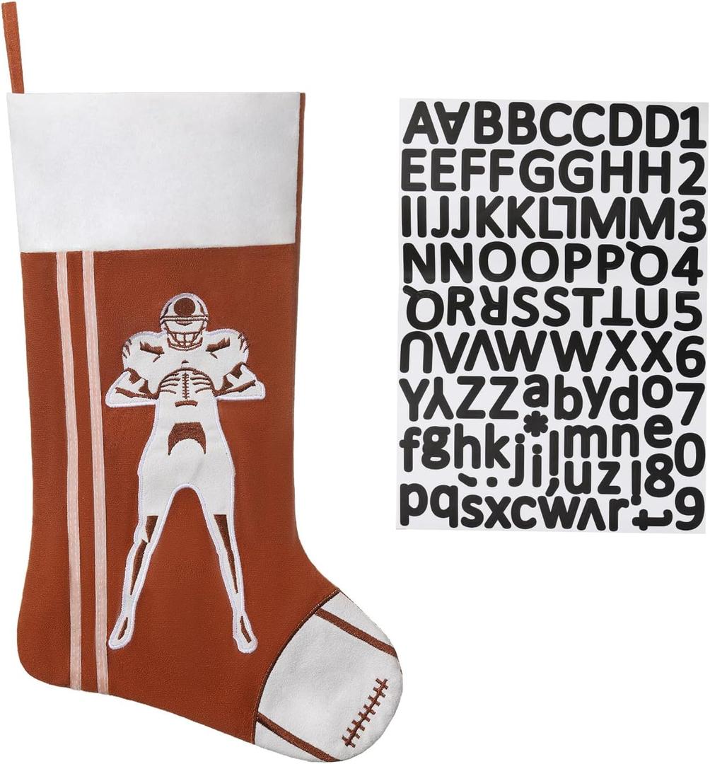 2 x 20 Inch Football Christmas Stocking-Sports Theme Hanging Stocking with Player Silhouette, Large Fireplace Decor for Family Holiday Party Supplies