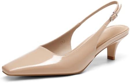 Coutgo Womens Kitten Low Heels Slingback Pumps Squared Point Toe Buckle Strap Wedding Party Dress Shoes, 8.5