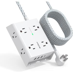 15Ft Long Surge Protector Power Strip, Addtam Extension Cord with 8 AC Outlets and 4 USB Ports(1 USB C), 3-Side Outlet Extender Strip, Flat Plug, Wall Mount, Dorm Home Office Essential, ETL Listed (White)