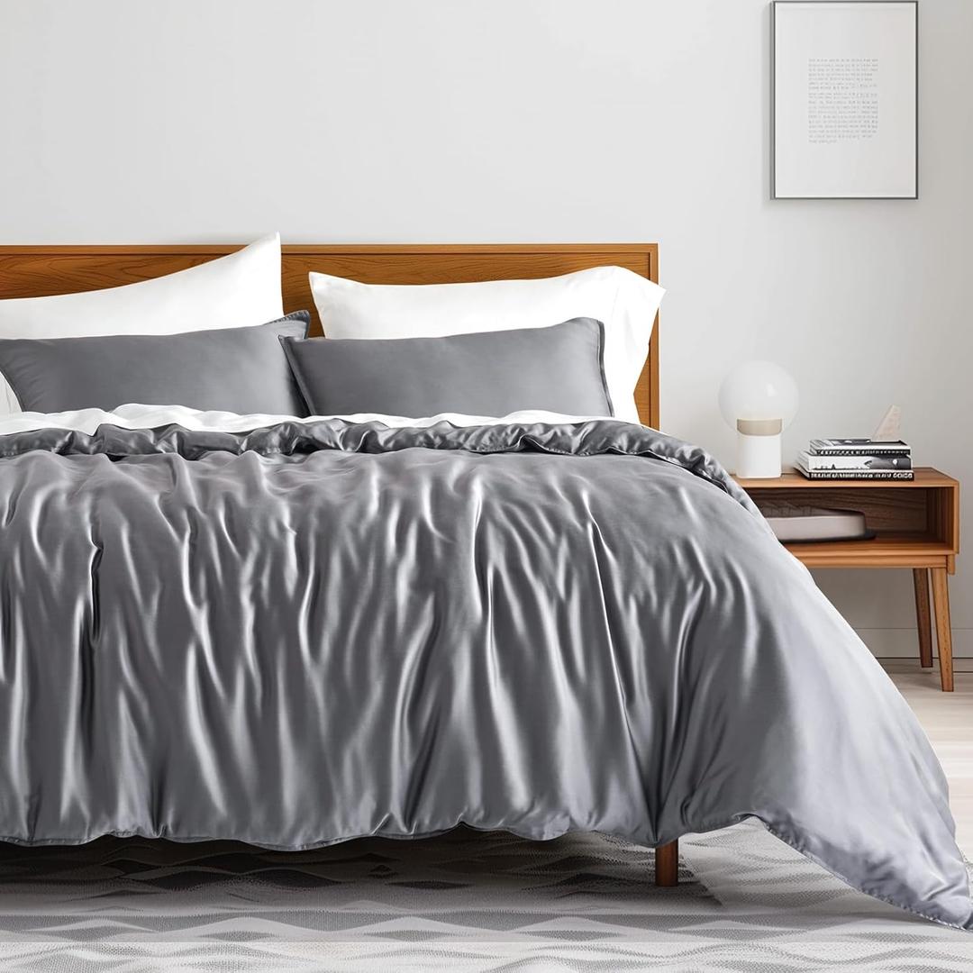 EVERGRACEHOME Tencel Lyocell Cooling Duvet Cover Set Queen Size 3 Piece, 100% Natural Eucalyptus Lyocell Fiber from Austria, Luxury Silky Soft Comforter Cover with 2 Shams, Charcoal Gray, 92"x88"