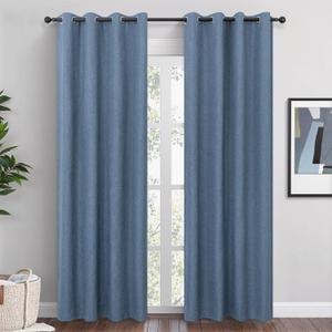 Blue Linen Blackout Curtains 96 Inch Length 2 Panels Set for Bedroom Living Room Grommet 100% Black Out Linen Drapes Room Darkening Window Curtains 96 Inches Long Stone Blue