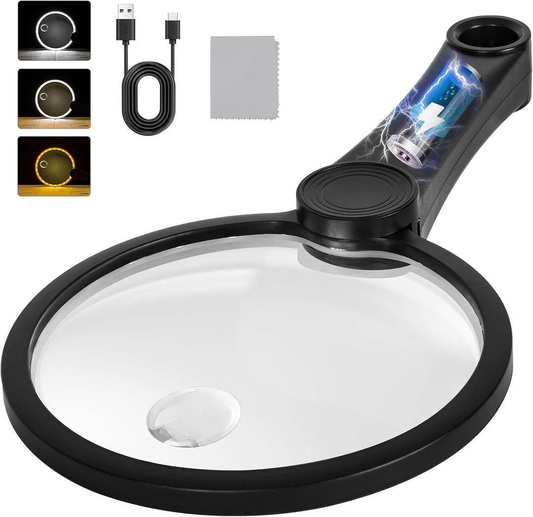 5.2 Inch Large Rechargeable Magnifier with Light, 30X 40X 60X Handheld Magnifying Glass with 49 Anti-Flicker LED Light, Third Gear Dimming Strongest Lighted Magnifier for Seniors Reading Coins
