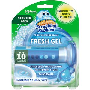 Scrubbing Bubbles Fresh Gel Toilet Bowl Cleaning Stamps, Helps Keep Toilet Clean and Helps Prevent Limescale & Rings, Rainshower Scent, 1 Dispenser with 6 Fresh Gel Stamps (1.34 Ounce (Pack of 1))