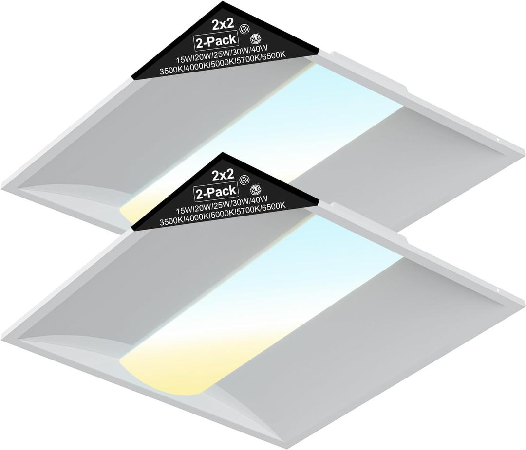 2x2 LED Troffer Light, 2-Pack, Backlit Panel, 15W40W Selectable, 5CCT, 010V Dimmable, ETL, Drop Ceiling