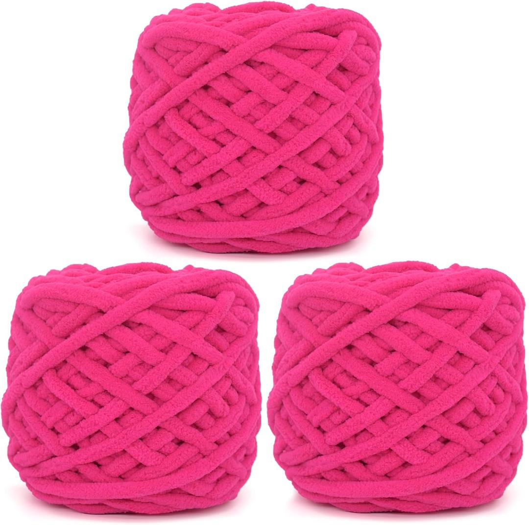 Chunky Chenille Yarn for Crocheting,Hot Pink Fluffy Velvet Plush Yarn Thick Soft Chunky Chenille Yarn Baby Blanket Yarn for Crocheting Knitting Beginners 3 * 100g(Hot Pink)