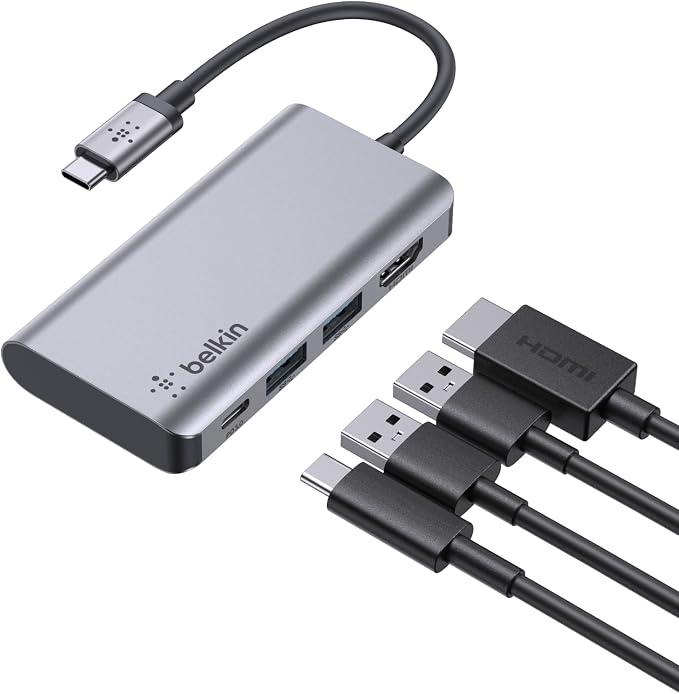 Belkin USB C Hub, 4-in-1 Multi-Port Laptop Dock with 4K HDMI, USB C Docking Station with 100 Watt Pass-Through Power Delivery, 2 X USB A Ports For MacBook Pro, Air, iPad Pro, Chromebook and More