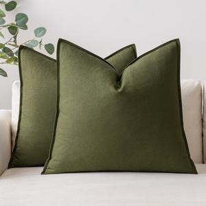 MIULEE 22x22 Inch Pack of 2 Decorative Linen Pillow Covers Boho Farmhouse Modern Soft Accent Euro Shams Throw Pillows for Bed Neutral Cushion Covers Sofa Couch Living Room Home Decor, Olive Green
