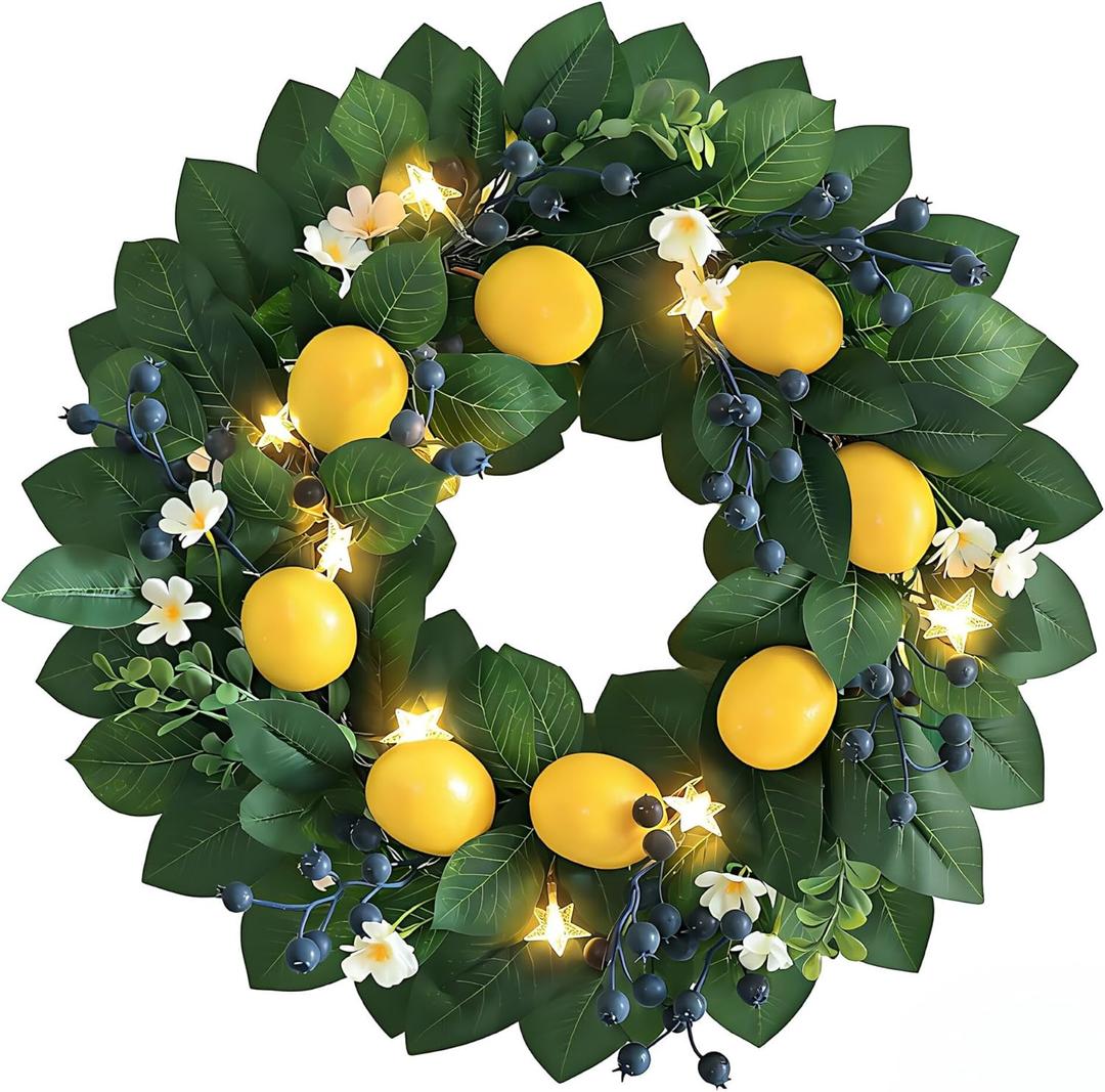 18" Spring Summer Wreaths for Front Door, Artificial Lemon Wreath with LED Star Lights & Timer,Berries & Greenery, Indoor & Outdoor Farmhouse Home Decor (Yellow)