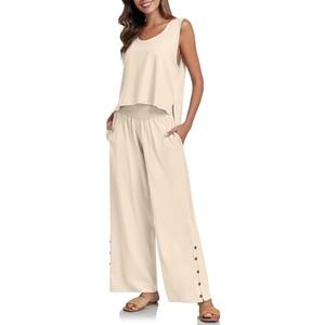 PrinStory Summer 2 Piece Outfits for Women Cotton Pajama Sets Wide Leg Pants Lounge Sets Tracksuits Loungewear, M, Beige