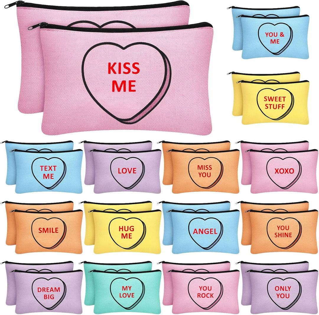 Sweetude 30 Pieces Valentine's Day Makeup Bags Bulk for Women, Conversation Heart Cosmetic Bag with Zipper, Valentines Galentines Day Gift for Her Love Travel Purse Pouch Toiletry Organizer, 15 Styles