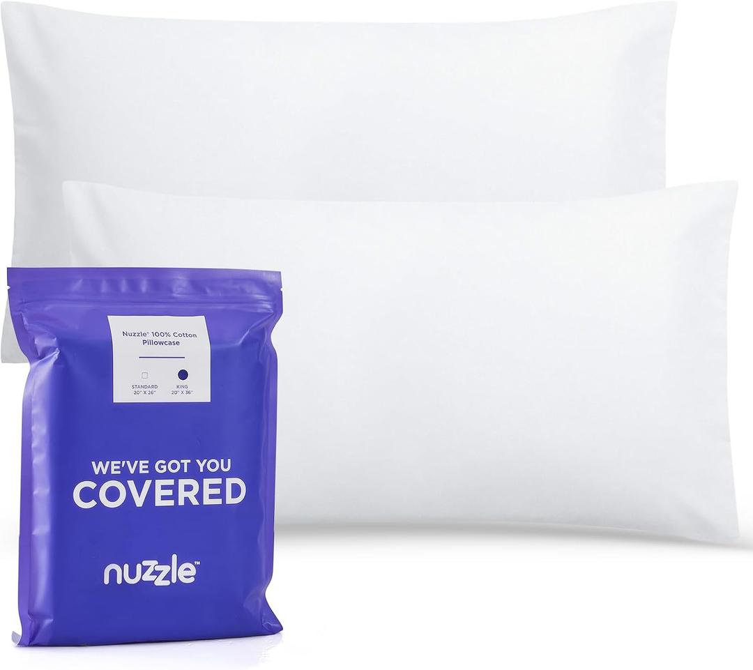 Nuzzle Pillow Cases King Size, 100% Cotton Pillowcases with Envelope Closure, White Pillow Covers 20 x 36 inches, Pillow Protector with 300 Thread Count Soft and Breathable