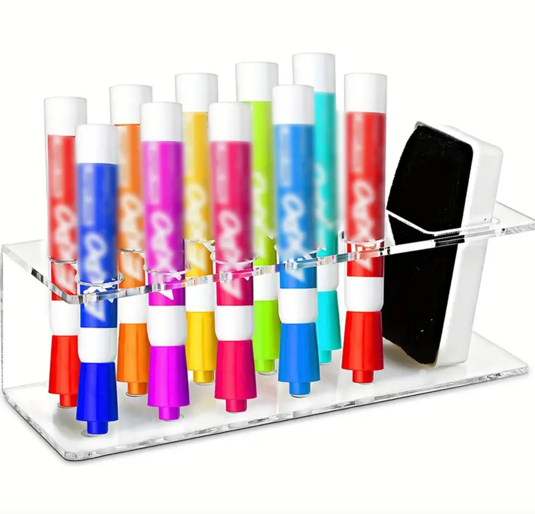 Clear Wall Mounted Marker Holder, Dry Erase Marker Holder | Sturdy Acrylic Material, Mounts To Wall, Marker Tip Slot Keeps Markers In Place | Holds 10 Markers & 1 Eraser (2.9x9.5x3.5in)