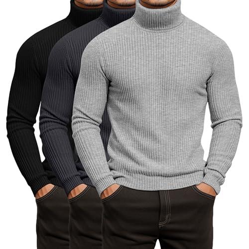 Locoowai 3 Pack Men's Ribbed Turtleneck Shirts, Long Sleeve Mock Neck Lightweight Pullover Sweaters Knit Base Layer Tee Tops(Black, Dark Gray, Heather Gray,XX-Large)
