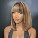 Bob Wig with Bangs Human Hair 4/27 Highlight Wig Human Hair Short Hair Wigs for Black Women 2.5X1 inch Bob Wig Human Hair Glueless 10 Inch Middle Part Bang Wig Human Hair